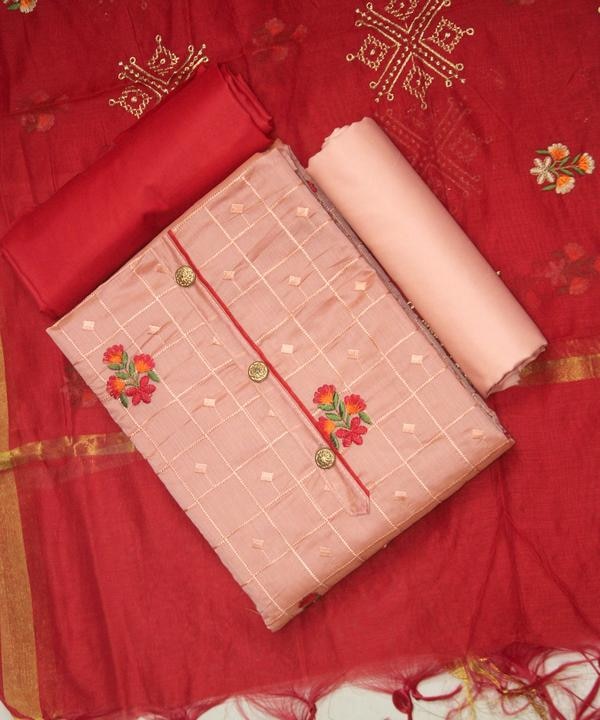 Add a splash of elegance and vibrancy to your ethnic wardrobe with this exquisite Peach and Red Color Embroidered Work Dressmaterial. The soft peach fabric is beautifully enhanced with rich red embroidery, creating a harmonious blend of subtlety and boldness.This unstitched dress material includes a delicately embroidered peach top, paired with a vibrant red bottom and a matching dupatta, offering a perfect balance of grace and tradition. The intricate threadwork highlights the neckline and sleeves, making it ideal for festive occasions, family gatherings, or casual ethnic outings.📦 Product Details:Top Fabric: Peach (Cotton / Georgette / Chanderi with embroidery)Bottom Fabric: Red (Cotton / Santoon / Silk blend)Dupatta: Coordinated peach and red printed or embroidered fabricWork: Thread Work / Resham Embroidery / Zari DetailingType: Unstitched Dress MaterialOccasion: Festive wear, casual ethnic, party wear🌟 Why Choose This Dressmaterial?Comfortable and breathable fabric with elegant embroideryStylish color combination suitable for multiple occasionsCan be tailored into salwar suits, kurtis, or churidarsPerfect gifting choice for loved ones or personal wear
