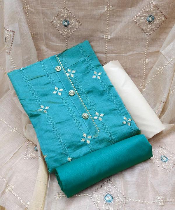 Embrace elegance and freshness with this beautiful Firozi and White Color Embroidered Work Dressmaterial. The soothing firozi (turquoise) hue paired with classic white creates a graceful, eye-catching combination ideal for daytime functions, festive occasions, or ethnic office wear.This unstitched set features a firozi-colored top adorned with intricate white embroidery, a solid or subtly detailed white bottom, and a coordinated dupatta to complete the ethnic ensemble. The fine threadwork adds texture and tradition, while the colors keep the look youthful and modern.📦 Product Details:Top Fabric: Firozi (Cotton / Chanderi / Georgette with embroidery)Bottom Fabric: White (Cotton / Santoon / Art Silk)Dupatta: Matching or contrast firozi-white printed/embroidered dupattaWork: Thread Embroidery / Zari / Resham WorkType: Unstitched Dress MaterialOccasion: Suitable for daytime events, ethnic casual wear, summer functions, and small gatherings🌟 Why You’ll Love It:Refreshing and vibrant color paletteIntricate embroidery for a refined ethnic lookComfortable, breathable fabric — ideal for warm weatherPerfect for tailoring into salwar suits, kurtis, or churidarsA great gifting option for festive or casual occasions