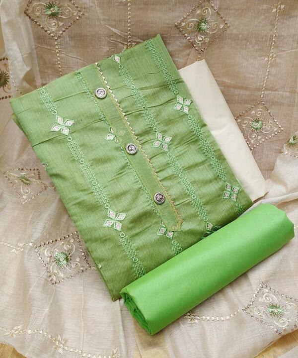 Step into effortless elegance with this stunning Green and White Color Embroidered Work Dressmaterial. The refreshing green tone beautifully contrasts with the clean, crisp white, creating a timeless look that’s perfect for festive occasions, daytime events, or casual ethnic wear.The unstitched suit set includes a green top with intricate white embroidery, a solid or matching white bottom, and a coordinated dupatta that ties the entire look together with grace. The fine threadwork enhances the neckline and front panel, adding a subtle yet stylish ethnic flair.📦 Product Details:Top Fabric: Green (Cotton / Chanderi / Georgette with embroidery)Bottom Fabric: White (Cotton / Santoon / Silk blend)Dupatta: Matching green & white printed or embroidered dupattaWork: Thread Embroidery / Resham Work / Minimal ZariType: Unstitched Dress MaterialOccasion: Suitable for festive wear, poojas, ethnic day at office, or small functions🌟 Why Choose This Dressmaterial?Fresh, elegant color combinationDelicate embroidery for a traditional lookBreathable, skin-friendly fabric ideal for all-day wearCustomizable into salwar suits, kurtas, or churidarsA graceful addition to any ethnic wardrobe or a thoughtful gift option