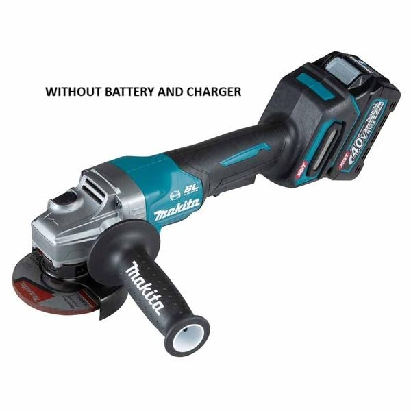 •	WITHOUT BATTERY AND CHARGER•	40Vmax XGT BL AFT Cordless 100 mm (4″) Angle Grinder, Anti-Restart Function, Electric Brake, Paddle Switch•	Outperforming performance and efficiency similar to corded 1,000 W class grinder•	Excellent in continuous heavy-duty work•	New toolless wheel cover allows for fast and easy angle adjustment and installation/removal of wheel cover•	AFT (Active Feedback sensing Technology) turns the motor off if rotation speed suddenly slows or wheel is forced to stop•	Electric brake for maximum productivity and increased operator safety•	BL motor delivers 8,500 RPM•	BL motor eliminates carbon brushes, enabling the BL motor to run cooler and more efficiently for longer life•	BL motor is electronically controlled to optimize battery energy use for longer run time per charge•	BL motor efficiently uses energy to match torque and RPM to the changing demands of the application•	Paddle switch; Easy-to-hold slim grip achieved by optimized parts allocation; Grip circumference smaller than DGA408 series•	Soft grip provides increased comfort on the job•	Soft start suppresses start-up reaction for smooth start-ups and longer gear life•	Spiral bevel gears for smoother rotations and a more efficient transfer of energy•	Anti-restart function engineered to minimize motor start up when battery is inserted with switch locked on•	XPT (eXtreme Protection Technology); For use in outdoor applications or harsh environments, protection from dust and dripping water is enhanced•	Side grip can be installed on either side of the tool for operator convenience•	Wheel cover protects operator from accidental scattering of broken wheel or workpiece with minimal wheel cover movement•	Spindle lock for easy wheel changesTechnical SpecificationWheel Diameter : 100 mm (4″)Hole Diameter : 16 mm (5/8″)Max Wheel Thickness : 6.4 mm (1/4″)No Load Speed (RPM) : 8,500Vibration Level : Surface Grinding w/ Normal Side Grip: 4.5 m/s²Sound Pressure Level : 81 dB(A)Sound Power Level : 92 dB(A)Dimensions (L x W x H) : w/ BL4020 / BL4025: 398 x 117 x 150 mm (15-5/8 x 4-5/8 x 5-7/8″)Dimensions (L x W x H) : w/ BL4040: 410 x 117 x 162 mm (16-1/8 x 4-5/8 x 6-3/8″)Net weight : 2.8 – 3.4 kg (6.2 – 7.5 lbs.)Standard Accessories:Grinding Wheel, Toolless Wheel Cover, Side Grip, Lock Nut WrenchWITHOUT BATTERY AND CHARGER