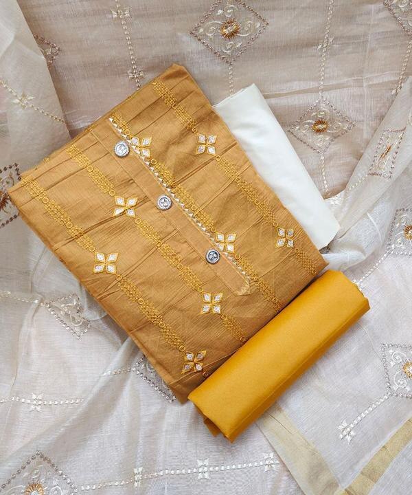 Brighten up your ethnic wardrobe with this radiant Yellow and White Color Embroidered Work Dressmaterial. Featuring a cheerful yellow top adorned with delicate white embroidery, this unstitched set is the perfect blend of vibrance and elegance.The combination of sunshine yellow with soft white creates a refreshing and graceful look, making it ideal for festive occasions, haldi ceremonies, casual gatherings, or daywear styling. Paired with a crisp white bottom and a matching or contrast dupatta, this dress material allows you to craft a stunning, custom-fit ethnic ensemble.📦 Product Details:Top Fabric: Yellow (Cotton / Chanderi / Georgette with embroidery)Bottom Fabric: White (Cotton / Santoon / Silk blend)Dupatta: Coordinated or contrast yellow-white printed/embroidered fabricWork: Thread Embroidery / Resham Work / Minimal Zari DetailingType: Unstitched Dress MaterialOccasion: Festive wear, haldi functions, pooja, casual ethnic wear, or gifting🌟 Why You’ll Love It:Fresh, festive color palette that flatters all skin tonesIntricate embroidery for a graceful, traditional lookLightweight, breathable fabric ideal for warm-weather wearCustomizable into salwar suits, kurtas, or churidarsA great addition to your ethnic wardrobe or as a thoughtful gift