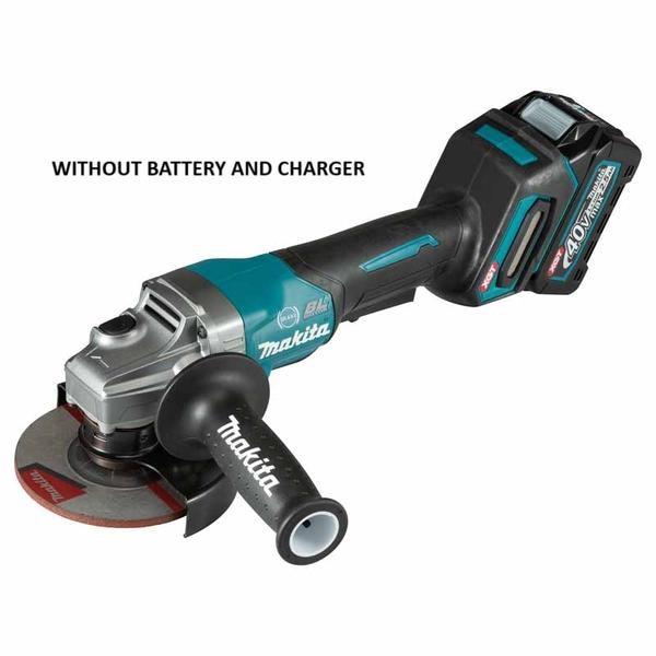 •	WITHOUT BATTERY AND CHARGER•	40Vmax XGT BL AFT Cordless 125 mm (5″) Angle Grinder, Anti-Restart Function, Electric Brake, Paddle Switch•	Outperforming performance and efficiency similar to corded 1,000 W class grinder•	Excellent in continuous heavy-duty work•	New toolless wheel cover allows for fast and easy angle adjustment and installation/removal of wheel cover•	AFT (Active Feedback sensing Technology) turns the motor off if rotation speed suddenly slows or wheel is forced to stop•	Electric brake for maximum productivity and increased operator safety•	BL motor delivers 8,500 RPM•	BL motor eliminates carbon brushes, enabling the BL motor to run cooler and more efficiently for longer life•	BL motor is electronically controlled to optimize battery energy use for longer run time per charge•	BL motor efficiently uses energy to match torque and RPM to the changing demands of the application•	Paddle switch; Easy-to-hold slim grip achieved by optimized parts allocation; Grip circumference smaller than DGA408 series•	Soft grip provides increased comfort on the job•	Soft start suppresses start-up reaction for smooth start-ups and longer gear life•	Spiral bevel gears for smoother rotations and a more efficient transfer of energy•	Anti-restart function engineered to minimize motor start up when battery is inserted with switch locked on•	XPT (eXtreme Protection Technology); For use in outdoor applications or harsh environments, protection from dust and dripping water is enhanced•	Side grip can be installed on either side of the tool for operator convenience•	Wheel cover protects operator from accidental scattering of broken wheel or workpiece with minimal wheel cover movement•	Spindle lock for easy wheel changesTechnical SpecificationWheel Diameter : 125 mm (5″)Hole Diameter : 22.23 mm (7/8″)Max Wheel Thickness : 7.2 mm (9/32″)No Load Speed (RPM) : 8,500Vibration Level : Surface Grinding w/ Normal Side Grip: 5.0 m/s²Sound Pressure Level : 82 dB(A)Sound Power Level : 93 dB(A)Dimensions (L x W x H) : w/ BL4020 / BL4025: 398 x 140 x 156 mm (15-5/8 x 5-1/2 x 6-1/8″)Dimensions (L x W x H) : w/ BL4040: 410 x 140 x 168 mm (16-1/8 x 5-1/2 x 6-5/8″)Net weight : 3.0 – 3.6 kg (6.6 – 7.9 lbs.)Standard Accessories:Grinding Wheel, Toolless Wheel Cover, Side Grip, Lock Nut WrenchWITHOUT BATTERY AND CHARGER