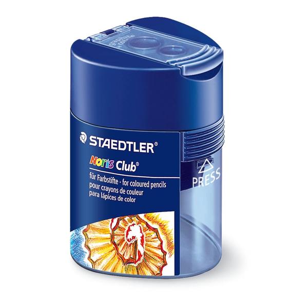 Two holes for different pencilsMetal sharpener insertHinged cover prevents shavings from spillingAvailable in triangular shapeLid with safety lock to avoid accidental opening