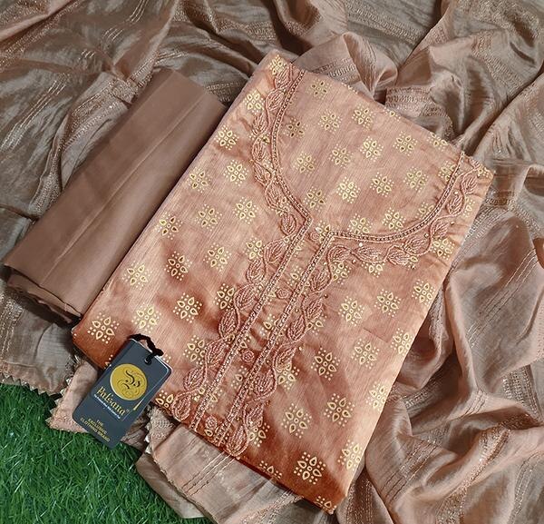 Embrace elegance with this beautiful Peach Embroidered Dress Material with Dupatta, designed to bring out your graceful side. The soft peach hue is complemented by delicate embroidery work, making it perfect for festive wear, casual gatherings, or semi-formal occasions. This unstitched dress material allows for custom tailoring to fit your unique style.Product Details:Color: Soft PeachTop Fabric: Premium Cotton / Georgette / Chanderi (as applicable)Bottom Fabric: Matching Cotton / Santoon / CrepeDupatta: Embroidered / Printed Chiffon / Organza / NetWork: Fine Embroidery with Thread/Zari/Sequin DetailingType: Unstitched Dress MaterialStyle: Straight Cut / A-line / Semi-stitched (depending on preference)Occasion: Festive, Office, Casual, Day Events, Semi-formalKey Highlights:Soft, feminine peach tone suitable for all complexionsElegant embroidery adds richness without being overwhelmingComfortable fabric ideal for all-day wearIncludes matching dupatta to complete the lookEasy to tailor into your desired design