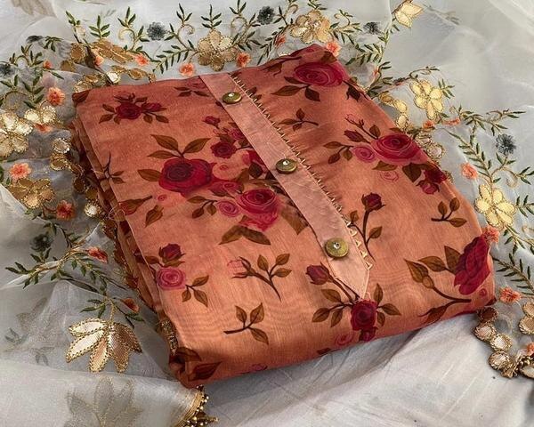 Grace your ethnic collection with this charming Peach Digital Printed Chanderi Dress Material with Dupatta, designed for women who appreciate subtle elegance and refined tradition. The soft peach tone, paired with intricate digital prints, brings a fresh, feminine appeal to this classic ensemble.Top Material: Lightweight and lustrous Chanderi fabric in a soothing peach shade, highlighted with fine digital prints – floral, paisley, or traditional motifs – that give it a delicate, graceful finish.Bottom Material: Soft cotton or Chanderi blend, chosen to match and enhance the design of the top fabric, offering all-day comfort and style.Dupatta: Coordinated Chanderi dupatta featuring matching digital prints with subtle borders, lending a rich and polished look to the complete outfit.Key Features:Fabric: Chanderi (Top & Dupatta), Cotton/Chanderi Blend (Bottom)Color: Elegant Peach with Multi-color Digital PrintsPattern: Digital PrintedStyle: Unstitched — suitable for custom tailoring in a variety of suit stylesOccasion: Perfect for festive wear, day functions, casual gatherings, or office wearCare: Recommended dry clean or gentle hand wash to preserve fabric and printFabric Measurements:Top: Approx. 2.5 metersBottom: Approx. 2.5 metersDupatta: Approx. 2.25 meters