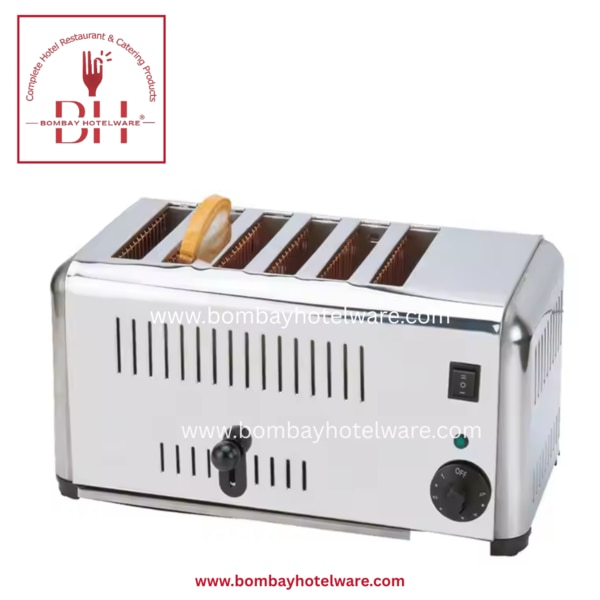 Commercial stainless steel pop-up toaster with 6-slice capacity. Perfect for hotels, restaurants, buffets & hostels. Fast, reliable & heavy-duty.This 6-slice pop-up bread toaster is built for bulk operations in hotels, hostels, restaurants, and cafés. Made with a full stainless steel body, it delivers fast, even toasting with automatic pop-up and manual timer control.Key Features:✔ Toasts 6 Bread Slices Simultaneously✔ Durable SS Body – Easy to Clean & Long Life✔ Auto Pop-Up Function with Manual Timer✔ Designed for Heavy-Duty Commercial Use✔ Compact Design – Ideal for Buffet Counters