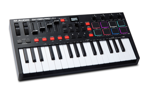 The Oxygen Pro Mini is a powerful, 32-key USB powered MIDI controller that allows you to create the music you want, wherever you want! The new Oxygen Pro controllers open up worlds of expression and creativity and make bringing your production ideas to life more seamless than ever. Taking feedback from users and artists alike, these controllers are the ultimate studio and live performance tools, allowing you to keep your focus on creating music—not programming your software. It doesn’t matter if you want to create music on the go or in the studio, the M-Audio Oxygen Pro series is perfectly flexible for your workflow.Seamless DAW & Performance Control with Auto-MappingIt’s simple to use the Oxygen Pro Mini controller with any DAW with the Oxygen Pro Mini's automatically mapped controls such as Transport, Faders, Channel controls (Record Arm, Solo, Mute, and Select), Pan controls and more. Whether you use Ableton, Pro Tools, MPC Beats, Cubase, Logic, Studio One or any other major DAW, just select your DAW in the Oxygen Pro Mini and select the correct configuration in your DAW, and the Oxygen Pro Mini’s controls will be completely integrated into your DAW! It also instantly maps to all the virtual instruments included with the Oxygen Pro Mini (Velvet, Mini Grand, Hybrid 3, TubeSynth, Electric, Bassline). These world-class Air Music Tech plugins can be fully controlled by the Oxygen Pro Mini and used in real-time as you create and mix your music.Smart ControlsWith Smart Chord and Smart Scale technology, creating music and transferring what’s in your imagination to what you hear coming out of your computer has never been easier!With Smart Chord activated, pressing a single key or pad will play a full chord rather than just one note. The key or pad you press will determine the root note in the chord. The rest of the chord’s properties (Major, Minor, and Voicing — 1,3,5; 1,3,5,7, etc.) are determined by the settings you choose. Smart Chord also has a Custom Mode which lets you to determine the chord structure that will be assigned to each key by manually playing it. For example, if you select Custom Mode, and play a 1-b3-5-b7 chord, every key will then be assigned to play this chord structure. The note of the key you press will serve as the root of the chord and all of the parameters can be edited right on the Oxygen Pro Mini!The Oxygen Pro Mini also features intelligent Smart Scale technology. With Smart Scale, you can set the key bed so that only notes in the selected scale are able to be played. This allows you to play within a chosen scale without the risk of playing any “wrong” notes. You can choose from 16 different scale variations when assigning a scale to the keyboard. Smart Scale is easy to activate and deactivate and allows you to set the scale parameters you need to keep you focused on creating.Professional Producer FeaturesBuilt into the Oxygen Pro Mini are features that are essential to creating modern day pop, electronic, hip hop, and dance music. Note Repeat and the built-in Arpeggiator open up a world of precise music production and live sound techniques to make your music sound professional.Note Repeat allows you to hold down any of the custom-made M-Audio performance pads and you’ll hear a repeated rhythmic pattern at a selectable note division. The Note Repeat feature can be activated momentarily or can be used in Latch mode. If you choose Momentary, holding the Note Repeat button will make the note played by the pad automatically repeat. If you choose Latch, pressing any pad will cause its assigned note to repeat without you having to hold down the Note Repeat button.The built-in Arpeggiator will affect anything you are playing on the keys from any virtual instrument in your DAW. When the Arpeggiator is activated, the keyboard will repeatedly play the pressed keys in sequence. The arpeggiator’s timing and rhythm is based on the keyboard’s time division setting and either the keyboard’s or your DAW’s tempo setting. Each note in the arpeggio will be the length you’ve selected for the time division setting; for example, if you select 1/4, each note in the arpeggio will be a quarter note. This powerful tool can operate in Latch or Momentary mode, making it easy to unleash your creativity.Next-Gen PlayabilityWith great feel in a lightweight chassis, the Oxygen Pro Mini controller provides a new level of creative inspiration. The M-Audio PrecisionTouch mini key bed adds professional semi-weighted action with advanced high-speed key bed scanning technology for an ultra-expressive playing experience.Key Features - 1. Best-in-class, velocity-sensitive, semi-weighted mini-keys2. (8) RGB, backlit, assignable, velocity-sensitive pads with Note Repeat for beat production, clip launching, and more3. (4) assignable faders, knobs & buttons for controlling virtual instruments, mix plugins, DAW controls, and more4. Preset and DAW button for auto-mapped DAW controls & plugin parameters5. Smart Chord mode enables playing of enharmonic or custom chord voicings6. Smart Scale mode eliminates wrong notes making it easy to craft a perfect song7. Arpeggiator with Type, Octave, Gate and Swing controls8. Ergonomically designed pitch and modulation wheels & 1/4” sustain pedal input9. USB-MIDI connection and MIDI Output for controlling external MIDI gear10. Intuitive layout featuring an OLED screen for quick control edits11. Includes MIDI editor software and a complete software production packageWhat’s In The Box Oxygen Pro MiniUSB CableSoftware Download CardQuickstart GuideSafety & Warranty ManualDimensions15.8” x 7.52” x 2.56”401 mm x 190 mm x 60 mmWeight2.65 lbs.1.2 kg