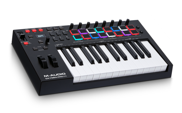 The Oxygen Pro 25 is a powerful, 25-key USB powered MIDI controller that allows you to create the music you want to make even easier! The new Oxygen Pro controllers open up worlds of expression and creativity and make bringing your production ideas to life more seamless than ever. Taking feedback from users and artists alike, these controllers are the ultimate studio and live performance tools, allowing you to keep your focus on creating music—not programming your software. It doesn’t matter if you want to create music on the go or in the studio, the M-Audio Oxygen Pro series is perfectly flexible for your workflow.Seamless DAW & Performance Control with Auto-MappingIt’s simple to use the Oxygen Pro 25 controller with any DAW with the Oxygen Pro 25’s automatically mapped controls such as Transport, Faders, Channel controls (Record Arm, Solo, Mute, and Select), Pan controls and more. Whether you use Ableton, Pro Tools, MPC Beats, Cubase, Logic, Studio One or any other major DAW, just select your DAW in the Oxygen Pro 25’s and select the correct configuration in your DAW, and the Oxygen Pro 25’s controls will be completely integrated into your DAW! It also instantly maps to all the virtual instruments included with the Oxygen Pro 25’s (Velvet, Mini Grand, Hybrid 3, TubeSynth, Electric, Bassline). These world-class Air Music Tech plugins can be fully controlled by the Oxygen Pro 25’s and used in real-time as you create and mix your music.Smart ControlsWith Smart Chord and Smart Scale technology, creating music and transferring what’s in your imagination to what you hear coming out of your computer has never been easier!With Smart Chord activated, pressing a single key or pad will play a full chord rather than just one note. The key or pad you press will determine the root note in the chord. The rest of the chord’s properties (Major, Minor, and Voicing – 1,3,5; 1,3,7; 1,3,5,7, etc.) are determined by the settings you choose. Smart Chord also has a Custom Mode which lets you to determine the chord structure that will be assigned to each key by manually playing it. For example, if you select Custom Mode, and play a 1-b3-5-b7 chord, every key will then be assigned to play this chord structure. The note of the key you press will serve as the root of the chord and all of the parameters can be edited right on the Oxygen Pro 25!The Oxygen Pro 25 also features intelligent Smart Scale technology. With Smart Scale, you can set the key bed so that only notes in the selected scale are able to be played. This allows you to play within a chosen scale without the risk of playing any “wrong” notes. You can choose from 16 different scale variations when assigning a scale to the keyboard. Smart Scale is easy to activate and deactivate and allows you to set the scale parameters you need to keep you focused on creating.Professional Producer FeaturesBuilt into the Oxygen Pro 25 are features that are essential to creating modern day pop, electronic, hip hop, and dance music. Note Repeat and the built-in Arpeggiator open up a world of precise music production and live sound techniques to make your music sound professional.Note Repeat allows you to hold down any of the custom-made M-Audio performance pads and you’ll hear a repeated rhythmic pattern at a selectable note division. The Note Repeat feature can be activated momentarily or can be used in Latch mode. If you choose Momentary, holding the Note Repeat button will make the note played by the pad automatically repeat. If you choose Latch, pressing any pad will cause its assigned note to repeat without you having to hold down the Note Repeat button.The built-in Arpeggiator Arpeggiator will affect anything you are playing on the keys from any virtual instrument in your DAW. When the Arpeggiator is activated, the keyboard will repeatedly play the pressed keys in sequence. The arpeggiator’s timing and rhythm is based on the keyboard’s time division setting and either the keyboard’s or your DAW’s tempo setting. Each note in the arpeggio will be the length you’ve selected for the time division setting; for example, if you select 1/4, each note in the arpeggio will be a quarter note. This powerful tool can operate in Latch or Momentary mode, making it easy to unleash your creativity.Next-Gen PlayabilityWith great feel in a lightweight chassis, the Oxygen Pro 25 controller provides a new level of creative inspiration. The M-Audio PrecisionTouch key bed combines professional semi-weighted action with advanced high-speed key bed scanning technology for an ultra-expressive playing experience. This custom key bed also features Channel Aftertouch, giving users added expression and control. Channel Aftertouch enables you to affect the sound of a virtual instrument plugin by continuously scanning how much pressure you apply to any key after initially pressing it. This makes creating the mood, dynamics and emotion you want to deliver in your music natural and fast.Key Features - 1. Best-in-class, velocity-sensitive, semi-weighted keys with aftertouch and assignable zones2. (16) RGB, backlit, assignable, velocity-sensitive pads with Note Repeat for beat production, clip launching, and more3. (8) assignable knobs & buttons for controlling virtual instruments, mix plugins, DAW controls, and more4. (9) assignable faders for controlling virtual instruments, plugins, DAW faders, and more5. Preset and DAW button for auto-mapped DAW controls & plugin parameters6. Smart Chord mode enables playing of enharmonic or custom chord voicings7. Smart Scale mode eliminates wrong notes making it easy to craft a perfect song8. Arpeggiator with Type, Octave, Gate and Swing controls9. Ergonomically designed pitch and modulation wheels & 1/4” sustain pedal input10. USB-MIDI connection and 5-pin MIDI Output for controlling external MIDI gear11. Intuitive layout featuring an OLED screen for quick control edits12. Includes MIDI editor software and a complete software production packageWhat’s In The BoxOxygen Pro 25USB CableSoftware Download CardQuickstart GuideSafety & Warranty ManualDimensions10.4” x 19.3” x 3.3”264.1 x 490.2 x 83.3 mmWeight5.4 lbs.2.46 kg