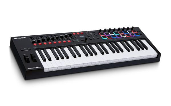 The Oxygen Pro 49 is a powerful, 49-key USB powered MIDI controller that allows you to create the music you want to make even easier! The new Oxygen Pro controllers open up worlds of expression and creativity and make bringing your production ideas to life more seamless than ever. Taking feedback from users and artists alike, these controllers are the ultimate studio and live performance tools, allowing you to keep your focus on creating music—not programming your software. It doesn’t matter if you want to create music on the go or in the studio, the M-Audio Oxygen Pro series is perfectly flexible for your workflow.Seamless DAW & Performance Control with Auto-MappingIt’s simple to use the Oxygen Pro 49 controller with any DAW with the Oxygen Pro 49’s automatically mapped controls such as Transport, Faders, Channel controls (Record Arm, Solo, Mute, and Select), Pan controls and more. Whether you use Ableton, Pro Tools, MPC Beats, Cubase, Logic, Studio One or any other major DAW, just select your DAW in the Oxygen Pro 49 and select the correct configuration in your DAW, and the Oxygen Pro 49’s controls will be completely integrated into your DAW! It also instantly maps to all the virtual instruments included with the Oxygen Pro 49 (Velvet, Mini Grand, Hybrid 3, TubeSynth, Electric, Bassline). These world-class Air Music Tech plugins can be fully controlled by the Oxygen Pro 49 and used in real-time as you create and mix your music.Smart ControlsWith Smart Chord and Smart Scale technology, creating music and transferring what’s in your imagination to what you hear coming out of your computer has never been easier!With Smart Chord activated, pressing a single key or pad will play a full chord rather than just one note. The key or pad you press will determine the root note in the chord. The rest of the chord’s properties (Major, Minor, and Voicing – 1,3,5; 1,3,7; 1,3,5,7, etc.) are determined by the settings you choose. Smart Chord also has a Custom Mode which lets you to determine the chord structure that will be assigned to each key by manually playing it. For example, if you select Custom Mode, and play a 1-b3-5-b7 chord, every key will then be assigned to play this chord structure. The note of the key you press will serve as the root of the chord and all of the parameters can be edited right on the Oxygen Pro 49!The Oxygen Pro 49 also features intelligent Smart Scale technology. With Smart Scale, you can set the key bed so that only notes in the selected scale are able to be played. This allows you to play within a chosen scale without the risk of playing any “wrong” notes. You can choose from 16 different scale variations when assigning a scale to the keyboard. Smart Scale is easy to activate and deactivate and allows you to set the scale parameters you need to keep you focused on creating.Professional Producer FeaturesBuilt into the Oxygen Pro 49 are features that are essential to creating modern day pop, electronic, hip hop, and dance music. Note Repeat and the built-in Arpeggiator open up a world of precise music production and live sound techniques to make your music sound professional.Note Repeat allows you to hold down any of the custom-made M-Audio performance pads and you’ll hear a repeated rhythmic pattern at a selectable note division. The Note Repeat feature can be activated momentarily or can be used in Latch mode. If you choose Momentary, holding the Note Repeat button will make the note played by the pad automatically repeat. If you choose Latch, pressing any pad will cause its assigned note to repeat without you having to hold down the Note Repeat button.The built-in Arpeggiator will affect anything you are playing on the keys from any virtual instrument in your DAW. When the Arpeggiator is activated, the keyboard will repeatedly play the pressed keys in sequence. The arpeggiator’s timing and rhythm is based on the keyboard’s time division setting and either the keyboard’s or your DAW’s tempo setting. Each note in the arpeggio will be the length you’ve selected for the time division setting; for example, if you select 1/4, each note in the arpeggio will be a quarter note. This powerful tool can operate in Latch or Momentary mode, making it easy to unleash your creativity.Next-Gen PlayabilityWith great feel in a lightweight chassis, the Oxygen Pro 49 controller provides a new level of creative inspiration. The M-Audio PrecisionTouch key bed combines professional semi-weighted action with advanced high-speed key bed scanning technology for an ultra-expressive playing experience. This custom key bed also features Channel Aftertouch, giving users added expression and control. Channel Aftertouch enables you to affect the sound of a virtual instrument plugin by continuously scanning how much pressure you apply to any key after initially pressing it. This makes creating the mood, dynamics and emotion you want to deliver in your music natural and fast.Key Features - 1. Best-in-class, velocity-sensitive, semi-weighted keys with aftertouch and assignable zones2. (16) RGB, backlit, assignable, velocity-sensitive pads with Note Repeat for beat production, clip launching, and more3. (8) assignable knobs for controlling virtual instruments, mix plugins, DAW controls and more4. Preset and DAW buttons for auto-mapped DAW controls & plugin parameters5. Smart Chord mode enables playing of enharmonic or custom chord voicings6. Smart Scale mode eliminates wrong notes making it easy to craft a perfect song7. Arpeggiator with Type, Octave, Gate and Swing controls8. Ergonomically designed pitch and modulation wheels & 1/4” sustain pedal input9. USB-MIDI connection and 5-pin MIDI Output for controlling external MIDI gear10. Intuitive layout featuring an OLED screen for quick control edits11. Includes MIDI editor software and a complete software production package12. (9) assignable faders for controlling virtual instruments, plugins, DAW faders, and moreWhat’s In The Box Oxygen Pro 49USB CableSoftware Download CardQuickstart GuideSafety & Warranty ManualDimensions10.4” x 31.5” x 3.3”264.2 x 800.1 x 83.8 mmWeight9.3 lbs.4.2 kg
