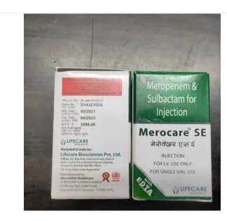 MEROCARE SE₹ 3,200/VialGet Latest PriceBrand	MEROPENEM & SULBACTAM WITH EDTAManufacturer Name	LIFECARE BIOSCIENCEStrength	1.5 gmInjection Site	IV OnlyFOR I.V USE ONLY FOR SINGLE VIAL USEAdditional Information:Packaging Details: 05/2021 TO 04/2023