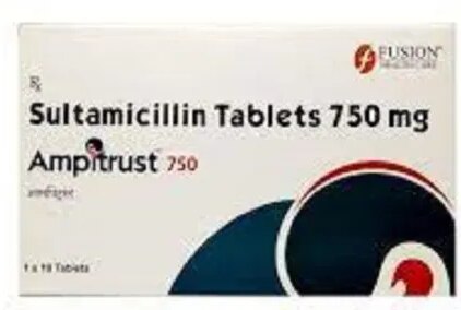 750mg Sultamicillin Tablet₹ 785/StripeGet Latest PricePackaging Size	Box 1 x 10Manufacturer	Fusion Healthcare Pvt LtdComposition	Sultamicillin tosilateTreatment	Bacterial infectionsPrescription/Non prescription	PrescriptionForm	TabletPrescription – Prescription RequiredHow To Use –  Take this medicine in the dose and duration as advised by your doctor. Swallow it as a whole. Do not chew, crush or break it. Ampitrust 750 Tablet may be taken with or without food, but it is better to take it at a fixed time.Details – Ampitrust 750 Tablet is an antibiotic medicine that helps the body fight infections caused by bacteria. It is used to treat infections of the urinary tract and ear (otitis media), as well as gonorrhea. It will not work for viral infections such as the common cold or flu.Ampitrust 750 Tablet may be taken with or without food. You should take it regularly at evenly spaced intervals as per the schedule prescribed by your doctor. Taking it at the same time every day will help you to remember to take it. The dose will depend on what you are being treated for, but you should always complete a full course of this antibiotic as prescribed by your doctor. Do not stop taking it until you have finished, even when you feel better. If you stop taking it early, some bacteria may survive and the infection may come back.The most common side effects of this medicine include vomiting, nausea, and diarrhea. These are usually mild but let your doctor know if they bother you or last more than a few days.Before using it, you should tell your doctor if you are allergic to any antibiotics or have any kidney or liver problems. This medicine is generally regarded as safe to use during pregnancy and breastfeeding if prescribed by a doctor.