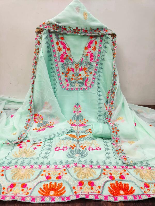 Add a touch of freshness and grace to your ethnic collection with this exquisite Firozi Embroidery Dress Material with Dupatta. Designed for the modern woman who appreciates tradition, this unstitched suit set offers both versatility and timeless charm.Product Details:Top Fabric: Soft cotton / georgette / silk (customizable) in a stunning firozi shade, adorned with delicate embroidery workBottom Fabric: Matching or contrast fabric for comfortable everyday or occasion wearDupatta: Coordinating chiffon / net / organza dupatta with embroidered or printed accentsColor: Refreshing Firozi (turquoise blue)Work: Fine thread embroidery / zari / sequin detailing (based on design)Style: Unstitched 3-piece set for a custom-tailored fitOccasion: Perfect for festive wear, casual functions, or day eventsWhy You'll Love It:Vibrant and soothing firozi hue that complements all skin tonesIntricate embroidery that adds elegance without overpoweringLightweight and breathable fabrics for all-day comfortMix and match the pieces for versatile ethnic looks