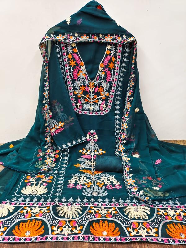 Discover the charm of timeless craftsmanship with this exquisite Rama Embroidery Dressmaterial with Dupatta. Featuring intricate Rama-style embroidery, this unstitched 3-piece set is designed to bring grace and sophistication to your ethnic wardrobe.Product Highlights:Top Fabric: Premium cotton / silk / georgette adorned with detailed Rama embroidery motifsBottom Fabric: Coordinating fabric for a comfortable and elegant silhouetteDupatta: Matching chiffon / net / organza dupatta with complementary embroidery or border workColor: Classic shades that highlight the artistry of Rama embroidery (customizable)Work: Handcrafted Rama embroidery, known for its intricate patterns and fine detailingStyle: Unstitched set allowing for personalized tailoringOccasion: Perfect for festive occasions, cultural events, and family gatheringsWhy You’ll Love It:Unique Rama embroidery that adds a rich cultural touchComfortable, breathable fabrics perfect for long wearVersatile design suitable for day or evening functionsA perfect blend of traditional art and modern fashion