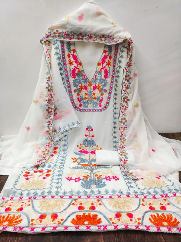 Embrace the simplicity and sophistication of this stunning White Embroidery Dressmaterial with Dupatta. Designed to highlight delicate craftsmanship, this unstitched set blends classic white fabric with intricate embroidery, offering a fresh and graceful look for any occasion.Product Details:Top Fabric: Premium cotton / chiffon / georgette / silk in pristine white, adorned with exquisite thread, zari, or sequin embroideryBottom Fabric: Coordinating fabric in white or a subtle contrast for a harmonious ensembleDupatta: Matching chiffon / net / organza dupatta featuring elegant embroidery or subtle embellishmentsColor: Pure White – versatile, refreshing, and suitable for all seasonsWork: Detailed embroidery with floral or geometric patterns enhancing the fabric’s textureStyle: Unstitched 3-piece set for a custom-made fit and designOccasion: Perfect for weddings, festive events, formal gatherings, or casual wearWhy You’ll Love It:Crisp white fabric that flatters every skin toneDelicate embroidery providing a refined and sophisticated lookComfortable and breathable material for all-day wearIdeal for creating both minimalistic and statement ethnic outfits