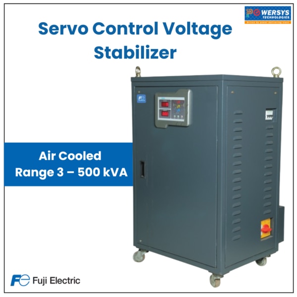 Air cooled stabilizers are available in both natural and forced air cooled range going from 3 – 500 kVA. They need no potentiometer adjustments and all parameters can be modified using the keypad in the front panel. The input voltage band, output voltage and voltage sensitivity can all be set as well as the cut off operating parameters, including trip time delay adjustments with variable settings.The air-cooled servo stabilisers are suitable for: CNC Machines, CMM, Textile & Spinning mills, Cold Storage units, Food processing equipment, CT scan, MRI machines, Retail outlets, Restaurants and Office applications.