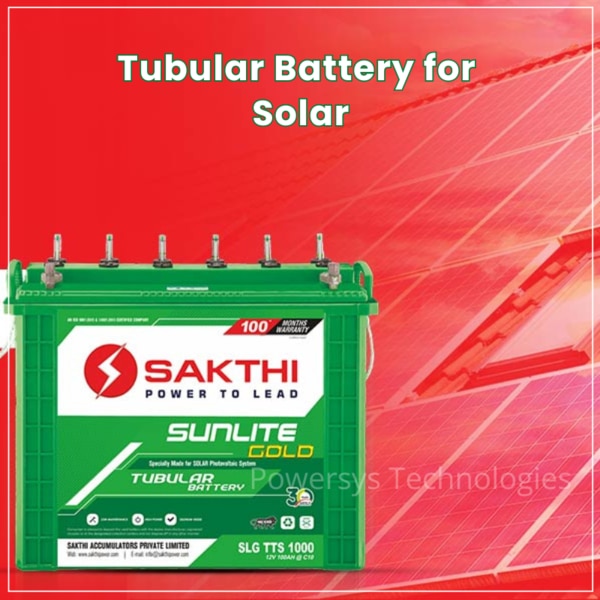“SAKTHI” Solar Battery is completely worth it, as the battery can complement both grid and Solarsetups. It can operate without any glitch even at high temperatures and has fast charging capability.Applications:* Solar Photo Voltaic Systems.* Solar Street Lights.* Solar Hybrid Inverters.* Micro Wind Mills* Telephone Exchanges* Power Stations* Process control system* Solar Power Plants* Solar Fence* Micro Grids* Emergency Lighting Installation* EPABX