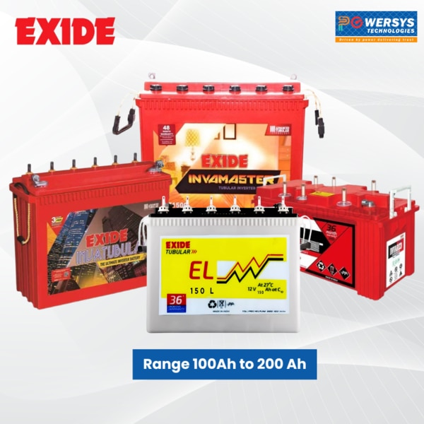 Exide offers complete solution in areas of equipment selection, battery sizing, optimum room layout, installation, operation and maintenance. Exide boasts of a distribution network and service which is continuously monitored and kept contemporary through evolving life cycles and is always ahead of competition.Exide Inverter Batteries Ranges: 100Ah to 200Ah