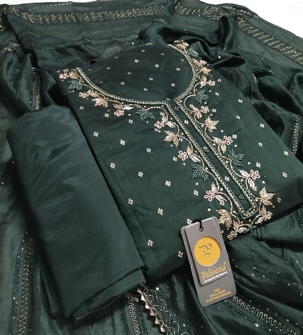 Bring elegance and freshness to your ethnic wardrobe with this beautifully designed green butti handwork dress material. The soothing green shade symbolizes harmony and grace, while the hand-embroidered butti work adds a rich traditional touch. Perfect for festive wear, casual ethnic looks, or family functions, this unstitched dress material lets you tailor your own style with a personalized fit.Key Features:Top Fabric: Premium cotton/silk/chanderi (as applicable)Work: Intricate hand-embroidered butti detailingColor: Refreshing Green (Mehendi, Bottle Green, Parrot – as per actual)Bottom Fabric: Matching or contrast plain/embroidered fabricDupatta: Coordinated or contrast dupatta with subtle design or butti highlightsOccasion: Festive wear | Ethnic gatherings | Everyday eleganceHighlights:Soothing and versatile green shadeHandcrafted butti embroidery for an artisanal finishBreathable and comfortable fabricUnstitched material for a custom-fit lookCelebrate tradition with a modern flair in this graceful green ensemble, perfect for any occasion.