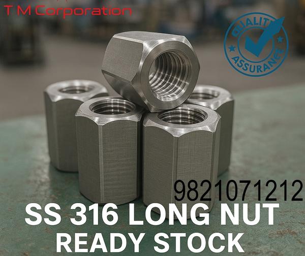 As we are manufacture of ss 316 long nut. SS 316 Long Nut is a high-quality fastener made from stainless steel grade 316, known for its excellent corrosion resistance, especially in harsh environments such as marine, chemical, and food processing industries etc. Standard of 316 long nut ss : DIN 6334 / Custom Standard. Thread Type of nut 316 long stainless steel: Metric / UNC / UNF. Threading of s 316 long nut: Full Internal Thread. Size Range of stainless steel 316 long nut: M6 to M48 (Length 20mm to 150mm) Shape of 316 long nut ss: Hexagonal Body. Raw Material selected in hex or round bar. Then cut in a required length with CNC or automatic lathes. Then given shape of hex. Then hex are drilling axial hole for treading. Internal threads are created using taps as per metric or imperial standards. Sharp edges are removed. Size range of ss 316 long nut. Thread Sizes: M6 to M48 or 1/4” to 2”. Lengths: 20 mm to 150 mm or as per custom order. Standards: DIN 6334 (for hex long nuts), ISO, ASTM. These nuts are longer than standard hex nuts and are typically used to connect two threaded rods or to extend threaded bolts. Our company has till now we have export the long 316 nut ss in india to every states and in foreign too. We also provide the long nut ss 316 all over the country. For example:- UAE, Saudi Arabia, Australia, Europe, Russia, Germany, United States of America, London, Canada, Iran, Turkey, Bangladesh, Thailand, Italy, France, South Africa, Sri Lanka, Israel, Oman, Finland, Qatarand, Kerala, Visakhapatnam, Tamil Nadu, Karnataka, MIDC, Gujarat, Uttar Pradesh, Delhi, Noida, Andhra Pradesh, Bangalore, Goa, Chandigarh, Puducherry, Bihar, Telangana, Hyderabad, Assam, Himachal Pradesh, Chhattisgarh, Odisha etc.Chemical Composition (SS 316):Element Composition (%)Carbon (C) 0.08 maxManganese (Mn) 2.00 maxSilicon (Si) 1.00 maxPhosphorus (P) 0.045 maxSulfur (S) 0.030 maxChromium (Cr) 16.0–18.0Nickel (Ni) 10.0–14.0Molybdenum (Mo) 2.0–3.0Iron (Fe) BalanceApplications (ss 316 long nut)1. Stainless steel 316 long nut are us in Chemical industry2. Stainless steel 316 long nut are use in Marine and offshore equipment3. Stainless steel 316 long nut are use in Food processing machinery4. Stainless steel 316 long nut are use in Oil & gas industry5. Stainless steel 316 long nut are use in Construction & structural joints6. Stainless steel 316 long nut are use in Piping systems7. Stainless steel 316 long nut are use in Heat exchangers8. Stainless steel 316 long nut are use in Refineries9. Stainless steel 316 long nut are use in Bridges and highways10. Stainless steel 316 long nut are use in Electrical panels11. Stainless steel 316 long nut are use in Telecommunication towers12. Stainless steel 316 long nut are use in Solar panel installations13. Stainless steel 316 long nut are use in Pharmaceutical equipment14. Stainless steel 316 long nut are use in Water treatment plants15. Stainless steel 316 long nut are use in Railway systems16. Stainless steel 316 long nut are use in Boilers and furnaces17. Stainless steel 316 long nut are use in Mining equipment18. Stainless steel 316 long nut are use in Textile machinery19. Stainless steel 316 long nut are use in Defense & aerospace20. Stainless steel 316 long nut are use in Modular furnitureLong nuts 316 ss are packed in durable HDPE bags or corrugated boxes, typically in quantities of 50–100 pieces for smaller sizes and 10–25 pieces for larger ones. Labels include size, material grade, heat number, and quantity for traceability. We ensure top-quality products through strict quality control, precision machining, and prompt dispatch.With ready stock, custom sizing, and expert support, Artha Alloys is your trusted source for stainless steel fasteners. Why to choose ARTHA ALLOYS for stainless steel 316 long nut. Delivery is always on time. Raw material is always ready stock. Quality assurance. No minimum order quantity. Inspection of processed goods. In-House Manufacturing. Trust & Transparency. Custom Solutions. Serving All Industries.Support You Can Count On :-Dedicated customer service, quick response time, and after-sales support. Contact: 9821071212 for technical help, pricing, or urgent supply.Our steel is strong—but our customer relationships are even stronger.”ISO 9001: 2008 certificate company. Supplying to Indian and oversea consumers. Government of india recognised export house.