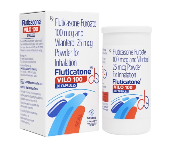FLUTICATONE VILO 100 is a combination inhalation therapy designed to manage and control chronic respiratory conditions such as asthma and Chronic Obstructive Pulmonary Disease (COPD). This formulation contains two powerful agents: Fluticasone Furoate (200 mcg), a corticosteroid that reduces inflammation in the airways, and Vilanterol (25 mcg), a long-acting beta2-adrenergic agonist (LABA) that helps in bronchodilation by relaxing airway muscles. Together, they provide long-term relief from symptoms like wheezing, shortness of breath, and chest tightness.This powder is administered via inhalation, allowing targeted action directly at the site of inflammation and constriction, making it an effective and fast-acting treatment choice for those suffering from persistent asthma or airflow obstruction in COPD.What is Fluticasone Furoate and Vilanterol Powder for Inhalation?Fluticasone Furoate and Vilanterol Powder for Inhalation is a prescription medication used for long-term maintenance treatment of asthma and COPD in adults and adolescents. Fluticasone furoate is a synthetic corticosteroid that controls inflammation and swelling in the lungs. Vilanterol is a bronchodilator that improves breathing by relaxing muscles around the airways. The combination is not intended for acute bronchospasm relief but is ideal for daily use to manage chronic symptoms and prevent flare-ups.Uses of Fluticasone Furoate and Vilanterol Powder for InhalationLong-term control of asthma symptoms such as wheezing, coughing, and breathlessnessMaintenance treatment of COPD, including chronic bronchitis and emphysemaPrevention of asthma exacerbations and hospitalizationsImprovement in lung function and quality of life in chronic respiratory patientsRegular use of this inhaler can help reduce dependency on rescue inhalers and lower the frequency of asthma attacks or COPD exacerbations.Fluticasone Furoate and Vilanterol Powder for Inhalation Side EffectsWhile generally well-tolerated, some users may experience mild to moderate side effects including:HeadacheThroat irritationHoarseness of voiceOral thrush (fungal infection in the mouth)Cough or upper respiratory tract infectionsIncreased heart rate or palpitationsMuscle cramps or tremorsRare allergic reactions like rash, itching, or swellingTo minimize the risk of oral thrush, it is advised to rinse the mouth thoroughly after each inhalation.Precautions Before Using FLUTICATONE VILO 100Do not use it to treat sudden asthma attacks; it is not a rescue inhaler.Inform your doctor if you have a history of heart disease, high blood pressure, diabetes, or liver problems.Use with caution in pregnancy and breastfeeding; consult your physician.Regular monitoring of lung function and adrenal activity is recommended during long-term use.Children and adolescents may require special dose adjustments under medical supervision.Drug Interactions: What Drugs Interact with Fluticasone Furoate and Vilanterol?Several medications may interact with this combination and alter its effectiveness or increase the risk of side effects:Beta-blockers (e.g., propranolol): May reduce the bronchodilatory effect of vilanterolKetoconazole or Ritonavir: These strong CYP3A4 inhibitors can increase the levels of fluticasone in the blood, raising the risk of side effectsDiuretics: May increase the risk of hypokalemia when used with vilanterolOther corticosteroids: Concurrent use may enhance systemic corticosteroid side effectsMAO inhibitors and Tricyclic Antidepressants: May amplify cardiovascular effectsAlways inform your healthcare provider about any medications, supplements, or herbal products you are taking before starting FLUTICATONE VILO 100.ConclusionFLUTICATONE VILO 100 is a scientifically advanced, dual-action inhalation therapy that provides effective long-term control for asthma and COPD. With the anti-inflammatory strength of fluticasone furoate 200 mcg and the bronchodilating effect of vilanterol 25 mcg, this combination ensures better breathing, fewer flare-ups, and improved quality of life. It’s a reliable and essential component in the chronic respiratory care of patients who need consistent symptom control and lung function improvement.