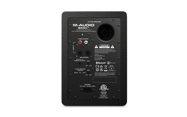 The M-Audio BX4BT Multimedia Reference Monitors offer the flexibility to playback audio from any Bluetooth® streaming device with excellent studio quality sound. This opens the possibilities of playing audio from any Bluetooth® device including a turntable, phone, or even a computer to stream a reference mix from your computer. Get a better listening experience with our compact, powerful, Bluetooth® enabled M-Audio BX4BT multimedia reference monitors.Professional Performance and DesignM-Audio's BX4BT monitors produce 120 Watts of professional sound inside a futuristic design that delivers pro-grade sound. The two-way design features an Acoustically-inert MDF cabinet with bass reflex that push low frequencies through modern Black Kevlar® drivers. Plus, enhanced rear ports and computer-optimized natural silk dome tweeters deliver the full spectrum of frequencies needed for any type of media.Front & Rear Panel I/OThe BX4BT's offer all the connections you need to playback audio from all your devices. The rear panel features 1/4“, 1/8”, and RCA inputs, while the front panel features 1/8-inch aux input and a headphone connection that turns the speakers off for private listening. Very helpful for those late nights in the home office or mixing sessions where you don't want to disturb anyone.Speaker Placement Controls & EQM-Audio BX4BT features Left/Right Active Speaker Position switch lets you choose which speaker is the Left or Right side. This is very useful if you are left-handed and want the speaker with the front panel volume control on your left side, or vice versa. Also on the rear panel are High-EQ and Low-EQ controls to boost the low end or add some shimmer to the highs.Key Features - 1. Bluetooth® Connectivity – Easily pair with any Bluetooth-enabled device for wireless streaming2. Black Kevlar® low frequency drivers; 1“ natural silk dome tweeters3. New computer-optimized tweeter waveguide for precise imaging4. High-EQ and Low-EQ controls for dialing in the perfect sound5. Enhanced rear ports for extended low-frequency response6. Left/right Active Speaker Position switch for configuring which side has volume control7. Bluetooth, 1/4”, 1/8“, and RCA inputs for connecting to virtually any audio source8. Front 1/8” AUX input for quick connection of smartphones or other audio sources9. Acoustically-inert MDF cabinet with bass reflex design for deep, rich sound10. Includes 1/8“ speaker interconnect cable, 1/8” to 1/8“ cable and 1/8” to RCA cableTechnical Specifications - Frequency Response - 69 Hz – 22 kHzOutput Power - 120 W (total peak), 2 x 25 W (RMS)LF Driver - 4.5“ / 114.3 mmHF Driver - - 1” / 25.4 mm; silk domeAudio Inputs- (1) RCA stereo input pair / (2) 1/4“ (6.35 mm) TRS inputs / (1) 1/8” (3.5 mm) stereo auxiliary inputHeadphone Output - 1/8“ (3.5 mm) stereo outputInterconnection Cable - 1/8” (3.5 mm) TRS Bluetooth Range 100' (30.5 m)Power - 100–240 VAC, 50/60 Hz, 85 WDimensions - 6.1“ x 6.9” x 8.9