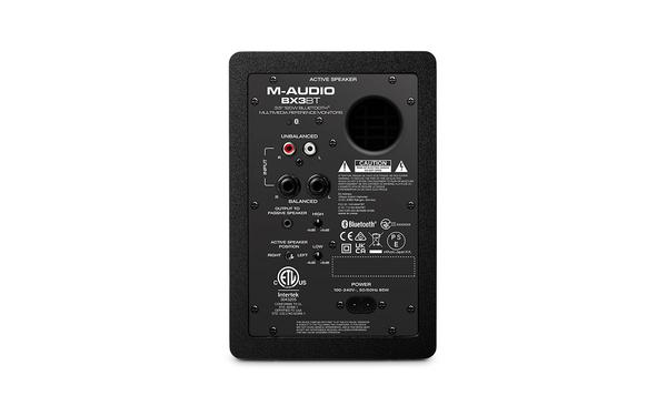 M-Audio BX3 BT Bluetooth®-enabled multimedia reference monitors deliver professional sound in an attractive compact design. Engineered for a pristine listening experience with the flexibility to stream music and audio from any Bluetooth® device, BX3 BT monitors have the latest Bluetooth® technology combined with rich studio-quality sound.Amazing Sound, Compact FormDesigned to deliver a great listening experience, M-Audio's BX3 BT monitors provide 120 Watts of amazing sound inside a bold, style-driven compact design that provides the ultimate solution for pro-grade sound. The two-way design features an Acoustically-inert MDF cabinet with bass reflex that provides robust lows through the Black Kevlar® drivers. Plus, enhanced rear ports and computer-optimized natural silk dome tweeters deliver the full spectrum of frequencies needed for any song, movie, or video game to sound big and lifelike!Connect Your DevicesThe BX3 BT's front and rear panel offer all the connections you would need to connect any playback device. The rear panel features 1/4“, 1/8”, and RCA inputs, while the front panel features 1/8-inch aux input a headphone connection that turns the speakers off for private listening. Very helpful for those late nights in the home office or mixing sessions where you don't want to disturb anyone.Active Speaker Controls & EQM-Audio BX3 BT features controls on the rear panel that let you customize the EQ and active speaker placement. High-EQ and Low-EQ controls enable anyone to add some extra rumble or clarity to their music. The Left/Right Active Speaker Position switch lets you choose which speaker is the Left or Right side. This is very useful if you are left-handed and want the speaker with the front panel volume control on your left side.Key Features - 1. Bluetooth® Connectivity – Easily pair with any Bluetooth-enabled device for wireless streaming2. Black Kevlar® low frequency drivers; 1“ natural silk dome tweeters3. New computer-optimized tweeter waveguide for precise imaging4. High-EQ and Low-EQ controls for dialing in the perfect sound5. Enhanced rear ports for extended low-frequency response6. Left/right Active Speaker Position switch for configuring which side has volume control7. Bluetooth, 1/4”, 1/8“, and RCA inputs for connecting to virtually any audio source8. Front 1/8” AUX input for quick connection of smartphones or other audio sources9. Acoustically-inert MDF cabinet with bass reflex design for deep, rich sound10. Includes 1/8“ speaker interconnect cable, 1/8” to 1/8“ cable and 1/8” to RCA cableTechnical Specifications - Frequency Response - 80 Hz – 22 kHzOutput Power - 120 W (total peak), 2 x 25 W (RMS)LF Drivern- 3.5“ / 88.9 mmHF Driver - - 1” / 25.4 mm; silk domeAudio Inputs - (1) RCA stereo input pair / (2) 1/4“ (6.35 mm) TRS inputs / (1) 1/8” (3.5 mm) stereo auxiliary inputHeadphone Output - 1/8“ (3.5 mm) stereo outputInterconnection Cable - 1/8” (3.5 mm) TRS Bluetooth Range 100' (30.5 m)Power - 100–240 VAC, 50/60 Hz, 85 WDimensions - 5.5“ x 5.7” x 8.2