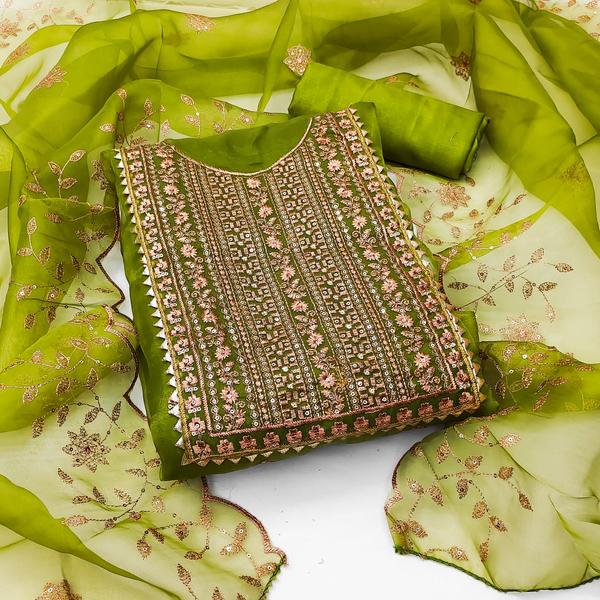 Make a graceful style statement with this elegant Mehendi Green Embroidery Dress Material with Dupatta, perfect for festive occasions, family gatherings, and ethnic celebrations. The rich mehendi green hue combined with detailed embroidery adds a traditional yet classy appeal to your look.This unstitched dress material set includes an intricately embroidered top fabric, a matching bottom, and a beautifully coordinated dupatta, allowing you to customize the outfit as per your desired style—whether it’s a straight suit, A-line kurta, or Anarkali.Tailored for comfort and sophistication, this ensemble blends timeless ethnic design with modern elegance.📦 Product Details:Top Fabric: [e.g., Cotton / Chanderi / Georgette] with embroidery workBottom Fabric: [e.g., Santoon / Cotton / Silk Blend] (Unstitched)Dupatta Fabric: [e.g., Net / Chiffon / Organza] with matching embroidery or laceColor: Mehendi GreenWork: Thread / Zari / Mirror / Sequin EmbroideryStyle: Ethnic | Festive | Traditional WearType: Unstitched Dress MaterialWash Care: Dry clean recommended for first wash✨ Highlights:Rich mehendi color for a traditional lookIntricate embroidery for a premium finishSoft and breathable fabric for all-day wearIdeal for festive occasions like Karwa Chauth, Diwali, or Haldi ceremoniesCustomizable fit and design