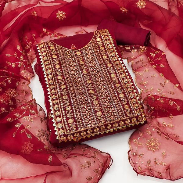 Make a bold and elegant statement with this luxurious Maroon Embroidery Dress Material with Dupatta, perfect for festive occasions, weddings, and evening events. The deep maroon shade paired with intricate embroidery work reflects timeless charm and ethnic sophistication.

This unstitched set includes a beautifully embroidered top fabric, a matching bottom fabric, and a coordinated dupatta that enhances the entire ensemble. Whether you prefer a straight-cut suit, Anarkali, or custom-tailored design, this dress material allows you to create a look that is uniquely yours.

Crafted from high-quality fabric, it offers both comfort and grandeur—ideal for women who love making an impression.

📦 Product Details:
Top Fabric: [e.g., Georgette / Chanderi / Silk Blend] with detailed embroidery

Bottom Fabric: [e.g., Santoon / Cotton Silk] (Unstitched)

Dupatta Fabric: [e.g., Net / Organza / Chiffon] with embroidery or lace border

Color: Rich Maroon

Work: Thread / Zari / Sequin / Mirror Embroidery

Style: Ethnic | Festive | Wedding Wear

Type: Unstitched Dress Material

Wash Care: Dry clean recommended

🌟 Why You'll Love It:
Rich maroon color that flatters all skin tones

Delicate and detailed embroidery for a designer look

Soft, breathable fabrics for all-day comfort

Ideal for weddings, parties, festivals, and gifting

Customizable to your preferred style and fit

