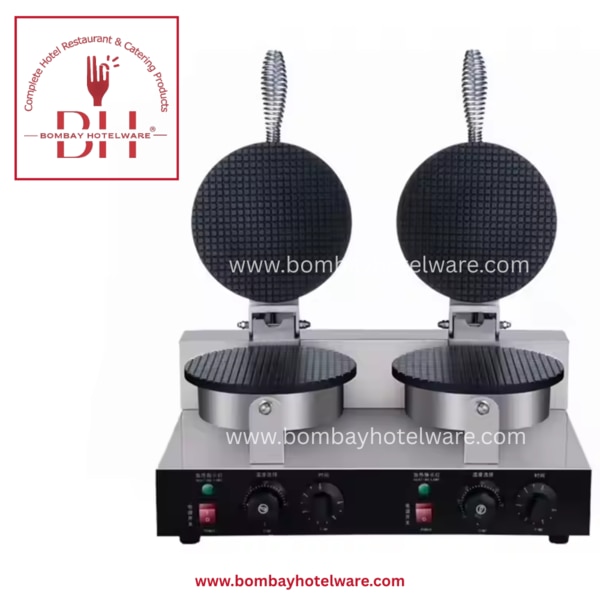 Heavy-duty double head electric waffle cone maker with 2000W power for fast cone baking. Ideal for ice cream parlors, bakeries, cafes & dessert counters.This 2000W Electric Double Head Waffle Cone Maker is designed for professional use in ice cream parlors, bakeries, and cafes. It allows you to make two crisp waffle cones at a time, saving time and maximizing productivity.The machine features dual non-stick heating plates, adjustable temperature & timer controls, and a stainless steel body for long-term durability and easy cleaning. Whether you serve soft or scooped ice cream, this cone maker delivers perfectly shaped and evenly baked cones every time.Key Features:✔ 2000W Power – Quick Heating & Efficient Performance✔ Double Head – Bake 2 Cones at Once✔ Adjustable Temperature & Timer Controls✔ Non-Stick Coating – Easy Release & Easy to Clean✔ SS Body – Hygienic, Rust-Free & Long-Lasting✔ Ideal for: Ice Cream Shops, Cafes, Dessert Kiosks, Bakeries