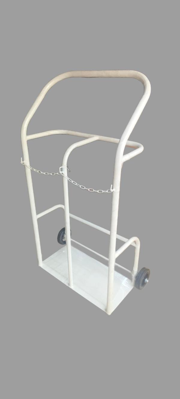 Frame Material: Mild Steel (M.S.) / Stainless Steel (S.S.) constructionCapacity: Designed to hold two oxygen/nitrous cylindersSupport Rings: Sturdy support rings for secure cylinder placementWheel Base: Mounted on 4 swivel castor wheels for easy mobilityHandle: Ergonomic push handle for convenient movementFinish: Epoxy powder-coated / stainless steel polish finishSafety Chains: Provided to hold cylinders in place during transitHospital Furniture Manufacturer in India/Gurgaon/Delhi NCRBest Medical furniture supplier/Manufacture in Gurgaon/Delhi NCRHospital Medical Equipments supplier/Manufacture in Gurgaon/Delhi NCR