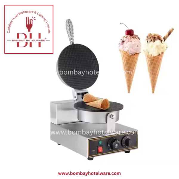 Compact and efficient single head waffle cone maker with fast heating and non-stick plate. Perfect for small cafés, bakeries & dessert counters.This Electric Single Head Ice Cream Cone Maker is ideal for quick and uniform cone preparation in ice cream shops, food carts, bakeries, and dessert stalls. With its non-stick heating plate, precise temperature and timer controls, and durable stainless steel body, it ensures consistent baking results with minimal effort.Its compact design is perfect for small commercial kitchens or food counters that require reliability and space-saving efficiency.Key Features:✔ Compact Size – Ideal for Small Counters✔ Non-Stick Coated Plate – Easy Cone Release✔ Fast Heating for Quick Operation✔ Adjustable Timer & Temperature Control✔ Stainless Steel Body – Hygienic & Rust-Free✔ Ideal for: Cafes, Ice Cream Parlors, Dessert Carts, Home Bakers