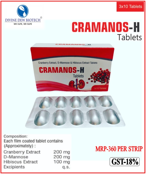 Brand Name: CRAMANOS-H✔ Composition:-Cranberry Extract 200 mg + D-Mannose 200 mg + Hibiscus Extract 100 mg Tablet✔ Packing: 3*10✔ MRP: ₹ 360/- per strip✔ GST: 18%✔ Company: Divine Dew Biotech✅ WHO-GMP Certified Manufacturing🌺Offering PCD Pharma Franchise & Third-Party Manufacturing!FRESH STOCK AVAILABLE.Hurry up book your order👈Cramanos-H help prevent and manage UTIs and maintain the pH level.