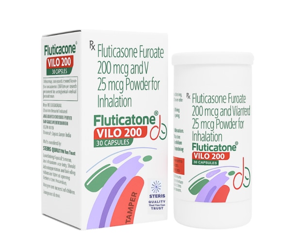 FLUTICATONE VILO 200 is a combination inhalation therapy containing Fluticasone Furoate (200 mcg), a potent corticosteroid, and Vilanterol (25 mcg), a long-acting beta2-adrenergic agonist (LABA). This fixed-dose inhalation powder is specially formulated to manage and prevent symptoms associated with chronic obstructive pulmonary disease (COPD) and asthma, helping patients breathe more easily and maintain better lung function.This combination works synergistically—Fluticasone Furoate reduces inflammation and swelling in the airways, while Vilanterol relaxes the airway muscles, offering long-lasting bronchodilation. The once-daily dosing improves compliance and ensures consistent therapeutic effects throughout the day.What is Fluticasone Furoate and Vilanterol Powder for Inhalation?Fluticasone Furoate and Vilanterol Powder for Inhalation is a prescription combination medication used for long-term maintenance treatment of asthma and COPD. It is not a rescue medicine and should not be used to relieve sudden breathing problems.Fluticasone Furoate 200 mcg: A highly effective corticosteroid that helps to reduce inflammation in the lungs.Vilanterol 25 mcg: A bronchodilator that keeps airways open by relaxing muscles around them for up to 24 hours.Uses of Fluticasone Furoate and Vilanterol Powder for InhalationLong-term treatment of moderate to severe asthma in adults and adolescents.Maintenance treatment of chronic obstructive pulmonary disease (COPD) including chronic bronchitis and emphysema.Reduces the frequency of asthma attacks and COPD exacerbations.Improves overall lung function, quality of life, and exercise capacity in chronic airway diseases.Keyword integrated: fluticasone furoate and vilanterol powder for inhalation usesSide Effects of Fluticasone Furoate and Vilanterol Powder for InhalationWhile FLUTICATONE VILO 200 is generally well-tolerated, it may cause some side effects in certain individuals, especially during the initial phase of therapy. Common and less frequent side effects may include:HeadacheHoarseness or voice changesSore throatCough or throat irritationFungal infection in the mouth (oral thrush)Increased heart rate or palpitationsMuscle crampsDizzinessRespiratory tract infectionsSerious but rare effects include allergic reactions, paradoxical bronchospasm, and increased risk of pneumonia in COPD patients.Keyword integrated: fluticasone furoate and vilanterol powder for inhalation side effectsPrecautions Before UsingDo not use FLUTICATONE VILO 200 for acute asthma or COPD attacks. Always carry a fast-acting inhaler.Inform your doctor if you have a history of heart disease, hypertension, thyroid problems, liver disorders, or tuberculosis.Rinse your mouth after each use to avoid oral thrush.Use the inhaler as prescribed, and do not exceed the recommended dose.Not recommended for use in children under 12 years unless prescribed.Inform your healthcare provider if you are pregnant, planning pregnancy, or breastfeeding.Drug InteractionsCertain medications may affect the way FLUTICATONE VILO 200 works or increase the risk of side effects. Consult your doctor if you are taking:Beta-blockers (e.g., atenolol, propranolol)Diuretics (may increase the risk of hypokalemia)MAO inhibitors or tricyclic antidepressants (can enhance the effect of Vilanterol)Antifungal or antiviral medications (e.g., ketoconazole, ritonavir) that may increase corticosteroid levelsOther long-acting beta agonists (LABAs) or inhaled corticosteroidsWhat drugs interact with Fluticasone Furoate and Vilanterol?Fluticasone Furoate and Vilanterol may interact with:Strong CYP3A4 inhibitors (like ritonavir, itraconazole) leading to increased steroid effectsBeta-adrenergic blockers which may reduce the efficacy of vilanterolXanthine derivatives, diuretics, or digoxin, which may lead to heart rhythm disturbances when combinedConclusionFLUTICATONE VILO 200 offers an effective, once-daily treatment for asthma and COPD by combining the anti-inflammatory power of Fluticasone Furoate 200 mcg and the long-acting bronchodilation of Vilanterol 25 mcg. It not only helps maintain clear airways but also improves your overall breathing comfort and quality of life. For optimal results, use the inhaler consistently and under your healthcare provider’s guidance.