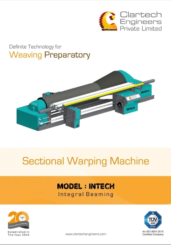 Intech Sectional Warping Machine ManufacturerClartech Engineers Private Limited stands out as a leading Intech Sectional Warping Machine Manufacturer, offering premium automatic warping solutions that meet the demands of modern textile industries. Designed with precision and built for performance, the Intech model is packed with advanced features and ergonomic construction.Product Specifications:Automation Grade: AutomaticISI Certified: YesCone Degree: 7 / 8.5 / 10.5Working Width: 2200 - 4200 mmBeaming Speed: 100 MPMWarping Speed: 600 MPMTraverse Motor: 1.5 kW ServoDrum Diameter: 800 mm (Dynamically balanced metal drum)Beaming: IntegralMinimum Order Quantity: 1 PieceCountry of Origin: Made in IndiaAs a trusted Intech Sectional Warping Machine Manufacturer, Clartech integrates a high-resolution 15