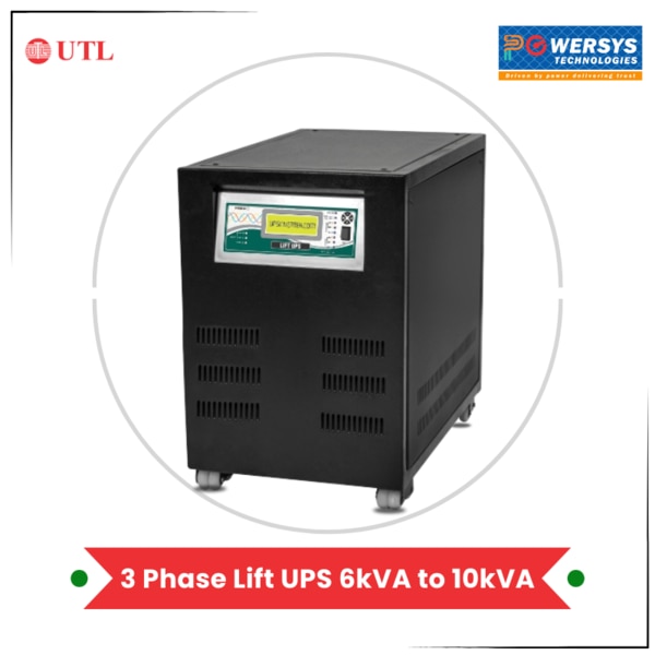UTL 3 Phase online UPS is specially designed to run three-phase electrical motors by handling the high inrush current of the motors. UTL’s Lift inverter proves to be a helping hand during grid absence by generating a 3 phase 4 wire output supply from its backup system. UTL’s Lift inverter is embedded with isolated boost charging technology which provides constant charging voltage & current when the grid is available. It also senses the grid failure & starts automatically by utilizing the energy stored in the battery back up system.To fulfil the needs of customers and to make it fit for many applications, we offer various models of Lift inverter:1) 6 KVA / 72V DC2) 8 KVA / 96V DC3) 10 KVA / 120V DCKey Features:* 3 Phase Lift UPS High Reliability with DSP Sine Wave Technology* Load Sensing with Smart Control* Less Maintenance & Eco Friendly* Display All parameters with LED Indications* Facility for Manual Bypass