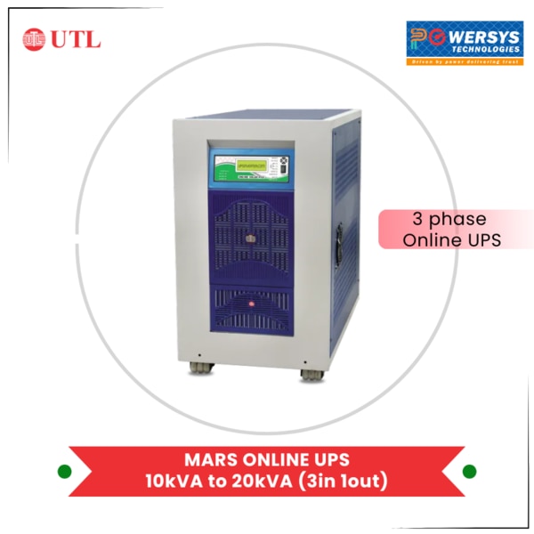 UTL MARS ONLINE UPS 10kVA to 20kVA (3in 1out) is an Uninterrupted Power Supply that is integrated with Double-Conversion Technology. The double conversion principle eliminates all power disturbances in the mains supply. MARS online UPS is based on DSP and high frequency PWM technology.This highly reliable single control card based Online UPS is made using a rectifier, an auto float cum boost charger, and battery backed inverter.
