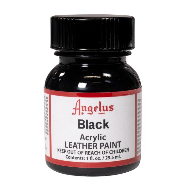 Angelus Acrylic Leather Black Paint 29.5 MLAngelus Acrylic Leather Paint is the leader in custom leather colorings. Paints can be blended together for countless custom colors. Apply with a fine brush, sponge and airbrush. Ideal for painting shoes, jackets, purses, furniture and more When properly applied, will not crack, peel, fade, or rub off Water based for easy clean up.