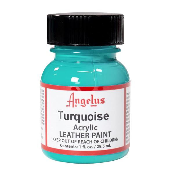 Angelus Acrylic Leather Turquoise Paint 29.5 MLAngelus Acrylic Leather Paint is the leader in custom leather colorings. Paints can be blended together for countless custom colors. Apply with a fine brush, sponge and airbrush. Ideal for painting shoes, jackets, purses, furniture and more When properly applied, will not crack, peel, fade, or rub off Water based for easy clean up.
