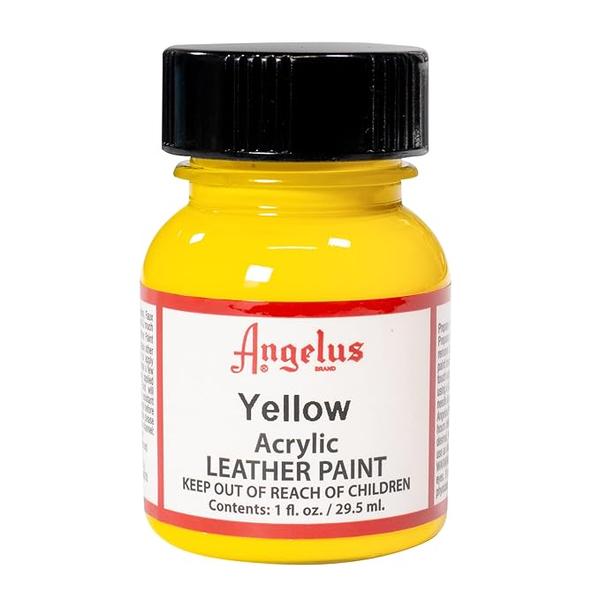 Angelus Acrylic Leather Yellow Paint 29.5 MLAngelus Acrylic Leather Paint is the leader in custom leather colorings. Paints can be blended together for countless custom colors. Apply with a fine brush, sponge and airbrush. Ideal for painting shoes, jackets, purses, furniture and more When properly applied, will not crack, peel, fade, or rub off Water based for easy clean up.