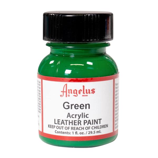 Angelus Acrylic Leather Green Paint 29.5 MLAngelus Acrylic Leather Paint is the leader in custom leather colorings. Paints can be blended together for countless custom colors. Apply with a fine brush, sponge and airbrush. Ideal for painting shoes, jackets, purses, furniture and more When properly applied, will not crack, peel, fade, or rub off Water based for easy clean up.