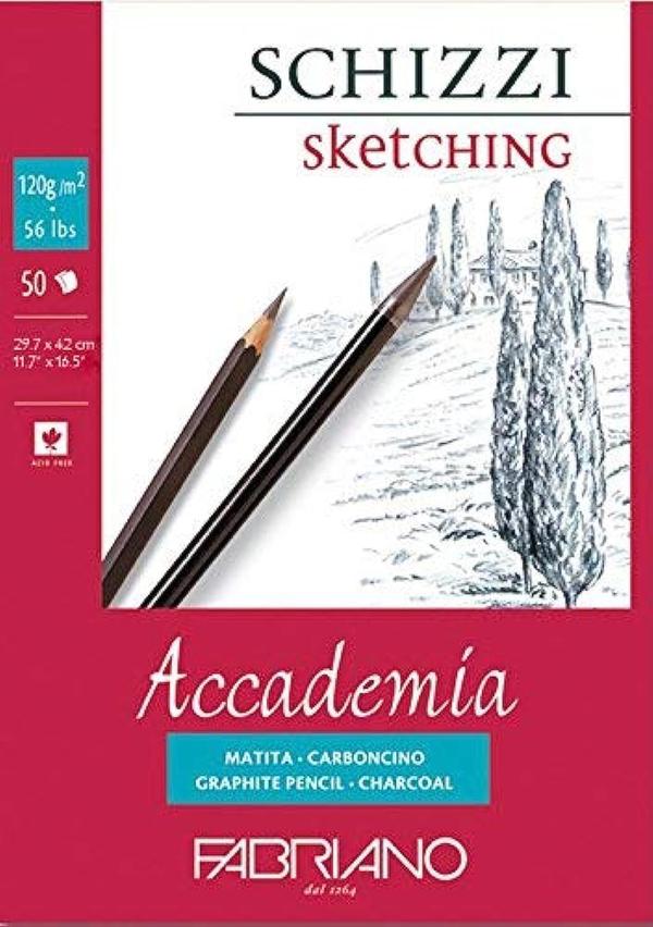 Fabriano Accademia Sketching Paper Pad, 50 Sheets, 120 GSM, Size A3 – Lightweight Paper for Artists & Quick Studies |Ideal for Drawing, Sketching, Mandala, Shading Art, Students, School, Office.Top side Glued Pads with Traditional warm white paper.They are mould-made of 100% cotton and are acid free/pH neutral.They offer a superb surface which will accept all dry as well as light wet media.The paper is sized both internally and externally;ideal for watercolour, tempera, gouche, acrylic, link, charcoal, graphite and drawing,also suitable for printmaking.120 GSM- Pack Of 50 Sheets.