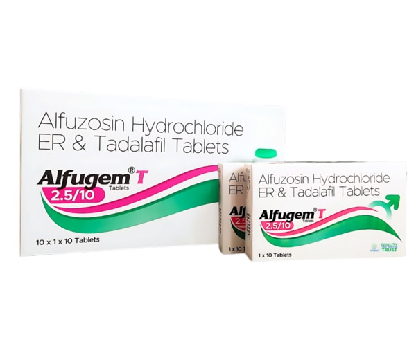 ALFUGEM T 2.5/10 is a scientifically formulated dual-action oral tablet that combines Alfuzosin 2.5 mg and Tadalafil 10 mg. This unique combination is primarily used for the treatment of benign prostatic hyperplasia (BPH) and erectile dysfunction (ED) in men. By blending a selective alpha-blocker (Alfuzosin) with a phosphodiesterase-5 (PDE5) inhibitor (Tadalafil), ALFUGEM T 2.5/10 offers an effective solution for patients who suffer from both urological conditions.The combination of alfuzosin and tadalafil has been shown to have an additive relaxant effect on human detrusor and prostatic tissues in vitro, enhancing urinary flow and improving sexual function.What is ALFUGEM T 2.5/10?ALFUGEM T 2.5/10 is a fixed-dose combination tablet that contains two active ingredients:Alfuzosin (2.5 mg) – an alpha-1 adrenergic receptor blocker that relaxes the muscles in the prostate and bladder neck.Tadalafil (10 mg) – a PDE5 inhibitor that increases blood flow to the penis and also helps relax the smooth muscles in the prostate and bladder.Together, they help relieve lower urinary tract symptoms (LUTS) associated with BPH and improve erectile function in men.Uses of ALFUGEM T 2.5/10:Treatment of Benign Prostatic Hyperplasia (BPH)Relief of lower urinary tract symptoms (LUTS) such as weak stream, urgency, and incomplete bladder emptyingManagement of erectile dysfunction (ED) in menMay be beneficial for patients with both BPH and ED as a once-daily treatmentHow Does ALFUGEM T 2.5/10 Work?Alfuzosin works by blocking alpha-1 receptors in the prostate and bladder, leading to relaxation of smooth muscle and improved urine flow.Tadalafil enhances nitric oxide activity, leading to vasodilation in the penile tissues and also relaxes the lower urinary tract muscles.The additive relaxant effect of this combination on the prostate and bladder tissues helps improve both urinary and sexual symptoms.Side Effects of ALFUGEM T 2.5/10:Like all medications, ALFUGEM T 2.5/10 may cause some side effects. Common side effects include:Dizziness or lightheadednessHeadacheBack pain or muscle achesNasal congestionIndigestionFlushingLow blood pressure (hypotension) in some casesRare but serious side effects may include:Fainting or severe dizzinessPriapism (prolonged or painful erection)Vision changes or sudden vision lossChest pain or irregular heartbeatPrecautions Before Using ALFUGEM T 2.5/10:Consult your doctor before use if you have a history of heart disease, liver/kidney problems, or hypotension.Avoid activities like driving or operating machinery if you feel dizzy after taking the tablet.Do not take with other PDE5 inhibitors or alpha-blockers unless prescribed.Limit alcohol intake, as it can increase the risk of dizziness or low blood pressure.Not recommended for use in women or children.Drug Interactions – What Drugs Interact with ALFUGEM T 2.5/10?Certain drugs may interact with ALFUGEM T 2.5/10 and affect its effectiveness or increase the risk of side effects:Avoid or use with caution:Nitrates (e.g., nitroglycerin) – can cause dangerous drops in blood pressureOther alpha-blockers – increased risk of hypotensionAntifungals (e.g., ketoconazole, itraconazole)HIV protease inhibitors (e.g., ritonavir)Antibiotics (e.g., erythromycin, clarithromycin)Blood pressure medications – may enhance hypotensive effectGrapefruit juice – can alter the drug metabolismAlways inform your doctor about all the medications and supplements you are taking.Conclusion:ALFUGEM T 2.5/10 offers a comprehensive dual-action approach to managing two common male conditions – BPH and ED. With the clinically proven benefits of alfuzosin and tadalafil, this medication not only improves urinary flow and relieves prostate-related discomfort but also enhances sexual performance. Its synergistic relaxant effect on the bladder, prostate, and penile tissues makes it an ideal solution for men looking for convenience, efficacy, and improved quality of life.Always follow your healthcare provider’s instructions for safe and effective use.
