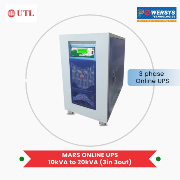 UTL MARS Online UPS System is a compact size double conversion true Online UPS. It is a DSP based high-frequency PWM technology UPS built with Single Control Board. Mars UPS are highly efficient system with minimal internal power loss.This protects critical loads against power line disturbances and loss of commercial power. It provides Regulated Sinusoidal Output Voltage under several Input conditions such as power failure, surge, sag, spikes, noise, frequency instability and harmonic distortions.
