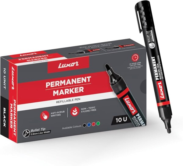 Description:The Luxor Permanent Marker is a widely used writing instrument designed for long-lasting, bold marking on various surfaces. Known for its durability and consistent ink flow, it is ideal for both professional and personal use. Key Features:Permanent Ink: Quick-drying, waterproof, and fade-resistant ink suitable for paper, plastic, metal, glass, cardboard, and more.Bold Tip Options: Available in bullet or chisel tips for controlled line thickness – perfect for writing, labeling, or marking.Smooth Writing: Consistent ink flow with vibrant, opaque color (commonly in black, blue, red, and green).Durable Barrel: Strong plastic body for long-lasting use with a firm grip design for better handling.Non-Toxic Ink: Safe for everyday use, typically xylene- and toluene-free (check variant-specific info).Cap with Clip: Snap-fit cap prevents ink drying and includes a pocket clip for convenience. Common Uses:* Office labeling* Industrial marking* Art and crafts* School and home organizationLuxor permanent markers are known for their reliability, making them a popular choice in schools, homes, offices, and industrial settings.