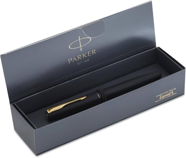 Parker Fountain Pen – General DescriptionBrand: ParkerType: Fountain PenNib: Stainless steel or 18k gold (depending on model), available in fine, medium, and broad sizesInk System: Refillable via cartridge or converter (bottled ink)Design & Build:Material:The barrel and cap are typically crafted from durable materials like lacquered brass, stainless steel, or precious resins.Finish: Parker pens come in a variety of finishes—classic matte black, chrome, brushed metal, or even gold-trimmed versions.Clip: The iconic arrow-shaped clip is a hallmark of the Parker brand, symbolizing prestige and heritage.Cap: Snap-on or screw-on caps, depending on the series, to protect the nib and prevent ink drying .Writing Experience:Nib Performance: Known for consistent ink flow and a smooth glide across paper with minimal scratching.Ergonomics: Balanced weight and contoured grip make it comfortable for long writing sessions.Ink Delivery: Capillary action delivers ink smoothly, ideal for both everyday use and calligraphy.Popular Models:1. Parker Vector: Entry-level, lightweight, simple design—great for students or beginners.2. Parker IM : Mid-range, elegant with metal body—suitable for professionals.3. Parker Sonnet: Premium line with gold or rhodium trims—luxurious and collectible.4. Parker Duofold: Flagship model—classic design, hand-assembled, luxury-grade.Ideal For:* Writing enthusiasts* Professionals and executives* Gifts for special occasions* Collectors of fine writing instruments