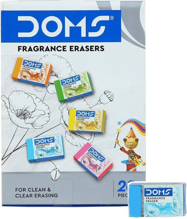 The “DOMS Eraser” is a popular stationery product in India and several other countries, known for its quality and performance. Here's a general description: “DOMS Eraser – Product Description:”The “DOMS Eraser” is a “high-quality, non-dust eraser” designed for clean and precise erasing. It's ideal for school, office, and professional use.Key Features:Non-Dust Formula: Leaves behind minimal residue, which clumps together for easy cleanup.Smooth Erasing: Gentle on paper, preventing tearing or smudging.PVC-Free (in some variants): Safe for children and eco-friendly.Compact Design: Easy to grip and control.Comes in Various Shapes & Sizes: Rectangular block erasers, pencil-top erasers, and novelty shapes are available.Common Uses:* Suitable for graphite pencil marks.* Used by students, artists, and professionals.Brand Note:DOMS is known for producing a wide range of stationery products with a focus on quality, safety, and innovation.