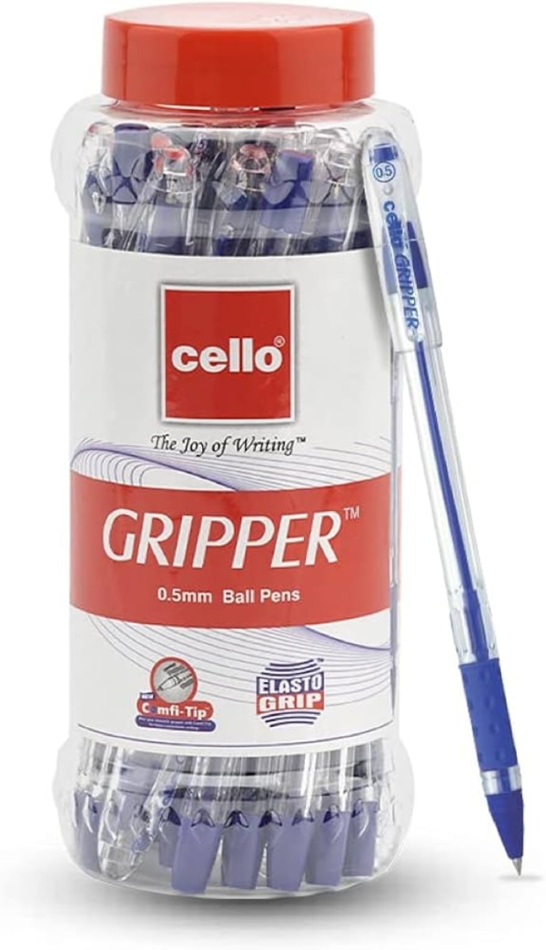 Product HighlightsInk Color & Tip: Smooth-flowing blue ink, delivered through a 0.5 mm Swiss metal tip made from nickel–silver—ideal for fine, precise writing Reddit.Barrel & Grip: Transparent plastic barrel, cap, and clip give it a sleek look. A soft Elasto-grip ensures a snug hold and prevents slipping Offikart.Light & Durable: It's lightweight and sturdy—great for everyday use, especially for students and professionals alike.Value Packs: Available in various multipack sizes—5, 10, 25, 50—with prices ranging from roughly ₹8–10 per pen online .Real-User Impressions (from Reddit India)Reddit users shared fond memories and noted its qualities:“cello gripper is best pen at 10 inr, cuz of 0.5mm in a sea of 0.7mm” “Cello Gripper IS THE BEST!!” “It’s a great pen but the nib ball comes off if it falls nib first.” Also praised for comfortable grip and precise writing:“The Cello Gripper is the BEST pen EVER! It's got a super comfy grip… perfect weight—not too light and not too heavy.” Final SummaryThe Cello Gripper Blue Ball Pen is a reliable, everyday writing instrument known for its ultra-fine 0.5 mm tip, ergonomic grip, lightweight design, and smooth writing experience. Available in multipacks at competitive prices, it's well-loved in India (and beyond) for school, office, exams, and journaling.Ideal for:Anyone writing extensively (students, professionals)Those preferring fine, controlled writing without hand fatigue Note:Some users reported the tip can come loose if dropped nib-first.Ink may take a short break-in period to become consistently smooth.