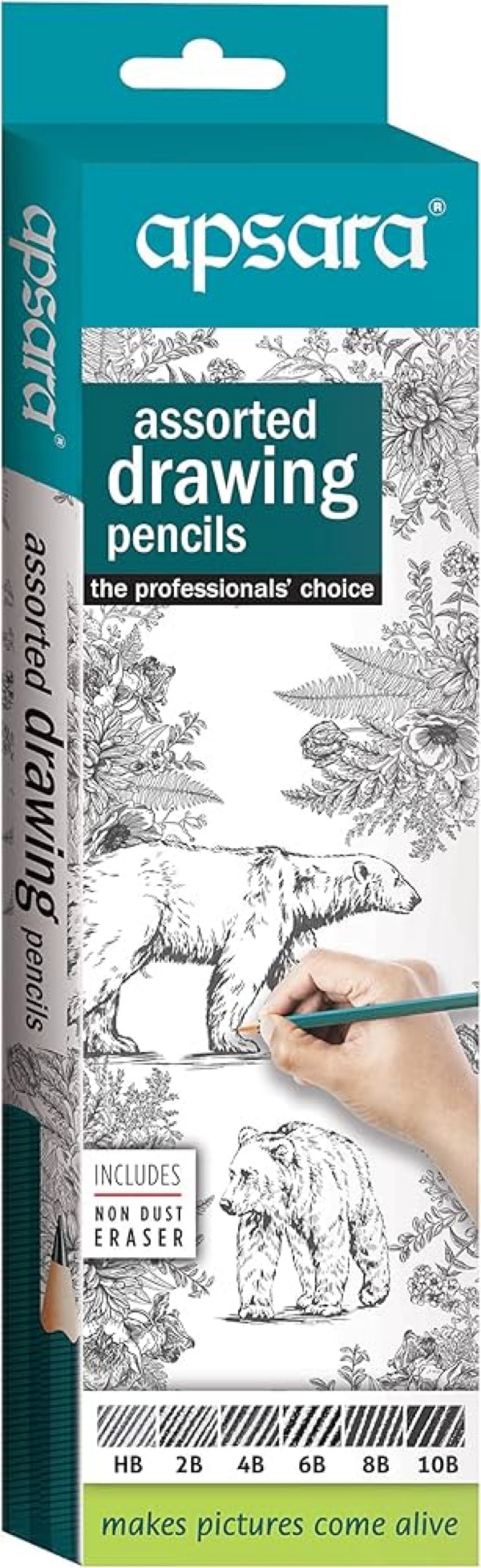 Apsara's“ Assorted Drawing Pencils” are designed for artists, designers, and students who seek precision and variety in their sketching and shading work. Known for their smooth graphite quality and consistent performance, these pencils cater to a wide range of artistic needs.Key Features:Range of Grades: Includes a variety of graphite grades, typically ranging from **6B (soft, dark)** to **2H (hard, light)**, allowing for detailed line work to deep shading.High-Quality Graphite: Delivers smooth, even strokes with minimal breakage and excellent control.Superior Wood Casing: Made from high-quality wood for easy sharpening and a comfortable grip during long sketching sessions.Ideal for Multiple Uses: Suitable for sketching, shading, outlining, technical drawing, and detailed artwork.Non-toxic and Eco-Friendly: Safe for use by children and professionals alike.Common Grades in the Assorted Pack:6B, 4B, 2B: Great for shading, soft lines, and expressive sketches.HB: Balanced grade for writing and basic sketching.2H, H: Perfect for fine lines, detailing, and light shading.Who It's For:* Artists and art students* Architects and designers* Hobby sketchers and doodlers