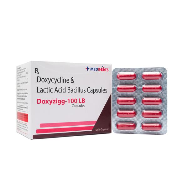 Doxycycline+lactic Acid Bacillus contains Doxycycline and Lactic acid bacillus. Doxycycline+lactic Acid Bacillus is used to treat bacterial infections such as urinary tract infections, intestinal infections, respiratory infections, eye infections, gum infections, and sexually transmitted infections (like gonorrhoea and syphilis). Doxycycline prevents the synthesis of essential proteins which are necessary for the survival of the bacteria, thereby killing the bacteria. Lactic acid bacteria is a microorganism that helps restore the balance of good bacteria in the gut, which may have gotten upset due to infections or antibiotic use. Together, Doxycycline+lactic Acid Bacillus helps in treating bacterial infections.