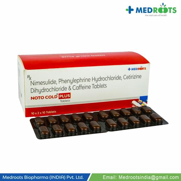 Nimesulide 100mg, Phenylephrine HCl 10mg, Cetirizine Dihydrochloride 5mg, and Caffeine 30mg combination tablets are typically used to relieve symptoms associated with colds, flu, sinusitis, and allergies. These include fever, body aches, headache, nasal congestion, sneezing, and fatigue.